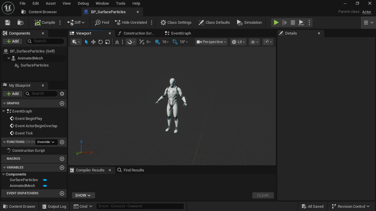 Example component names: AnimatedMesh is the skeletal parent; SurfaceParticles is its Niagara child.