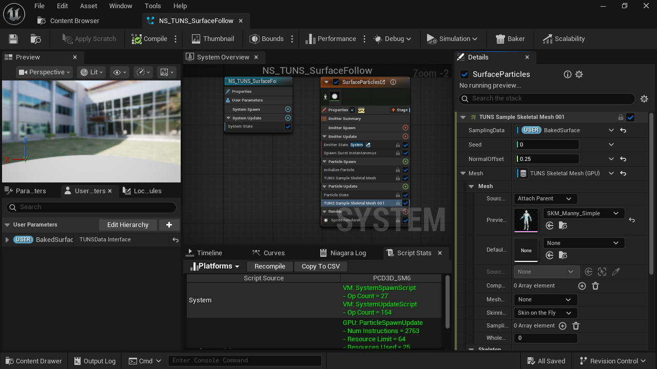 Spawn initializes the position; Update refreshes it each frame. The “001” suffix is Niagara’s name for the second copy.