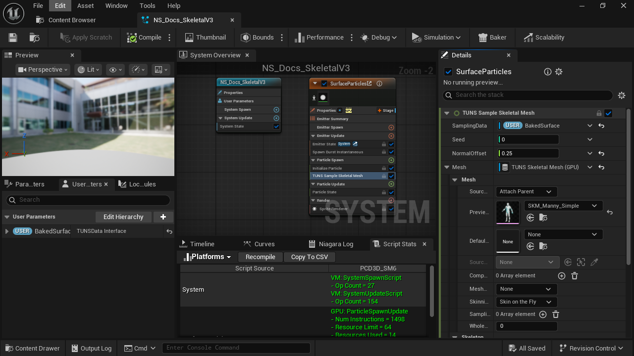 Particle Spawn: the sampler runs after Initialize Particle and reads the current animated pose.