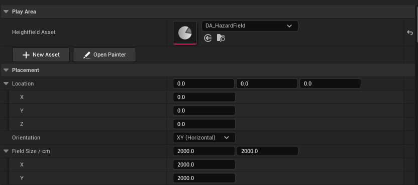 Play Area settings, orientation, size and New Asset