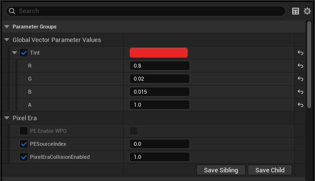 Source index and participation settings in the material instance