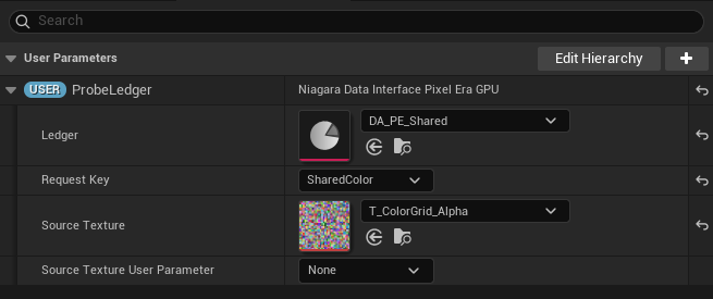 Niagara GPU emitter and its populated Pixel Era GPU Ledger user parameter