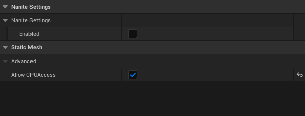 Static Mesh Allow CPU Access setting